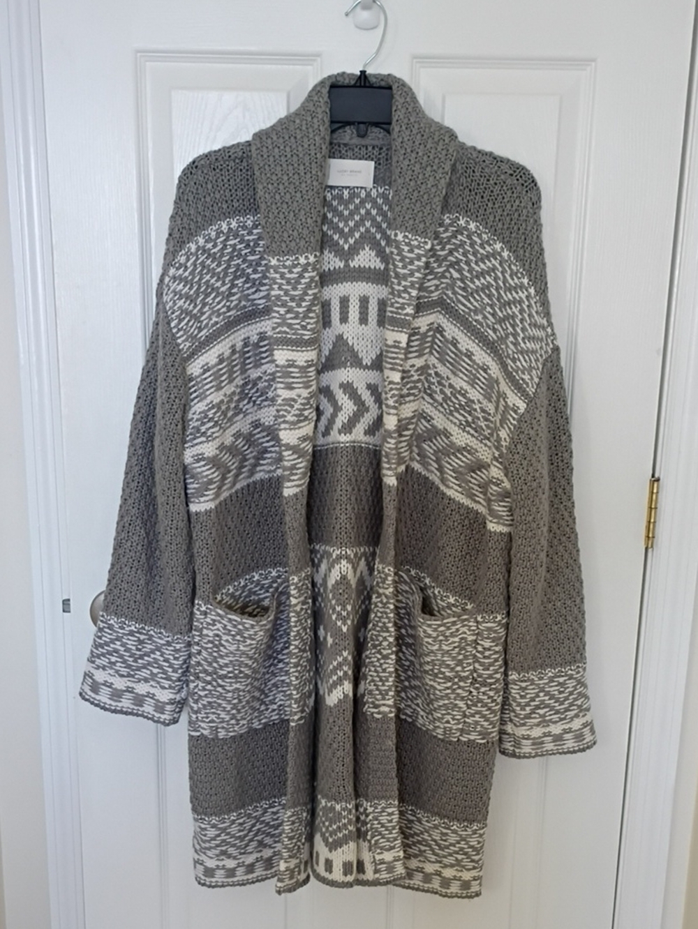 Lucky Brand Gray & Cream Patterned Open-Front Cardigan